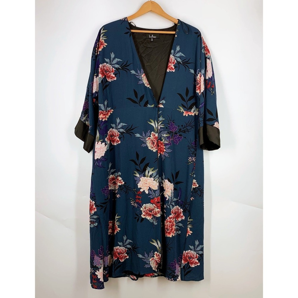 Lulus Teal Floral Kimono Midi Dress XL Deep V-Neck Satin Cuff Peony Print